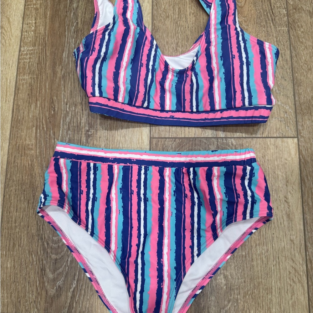 Pink Lily Girls Pink, Blue & Teal Striped Two-Piece Bikini